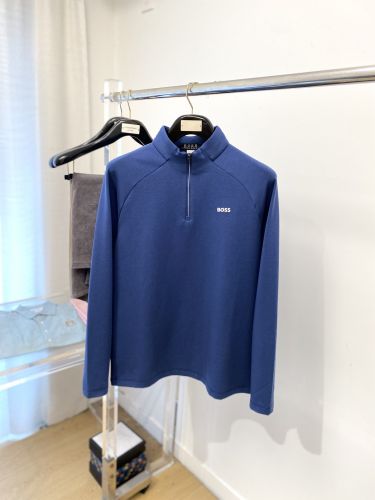 洗練された シンプル 胸ロゴ ヒューゴ・ボス Tシャツ 偽物 ハーフジップ 長袖Tシャツ ブルー