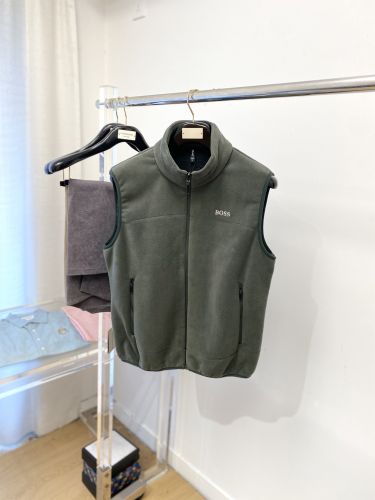 シンプル 裏起毛 ヒューゴ・ボス ジャケット 偽物 ロゴ刺繍 ジップアップベスト グリーン