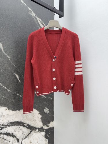 トムブラウン ニット 偽物 4BAR クロップド丈 Vネック カーディガン レッド