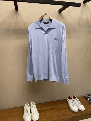 上品 カジュアル スキッパー ニットポロシャツ エルメネジルド・ゼニア ニット 偽物 ライトブルー