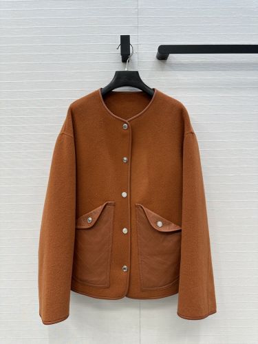 ウールブレンド ノーカラージャケット エルメス ジャケット コピー ブラウン