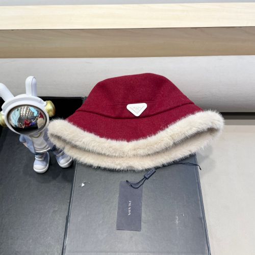 ファー付き バケットハット プラダ キャップ 偽物 帽子 ボルドー
