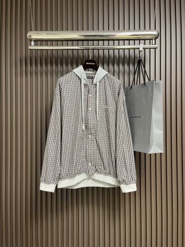 スタイリッシュ チェック柄 レイヤード風 フード付きシャツ バレンシアガ シャツ 偽物