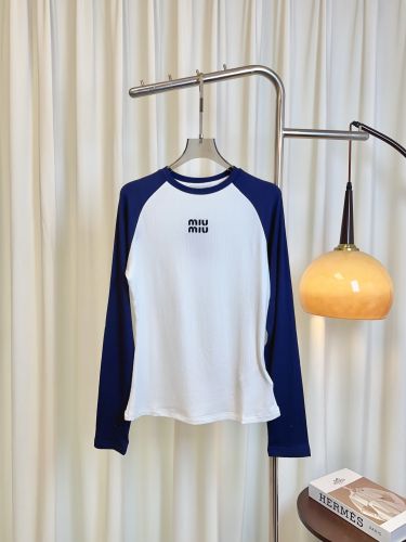 ロゴ刺繍 ラグラン ロングスリーブTシャツ ミュウミュウ Tシャツ 偽物