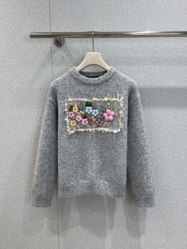 フェンミン カシミヤ フラワー刺繍 クルーネック  シャネル セーター コピー グレー