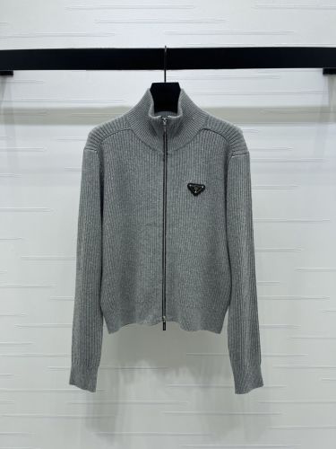 カシミヤ＆ウール ダブルジップ カーディガン プラダ ニット 偽物 グレー