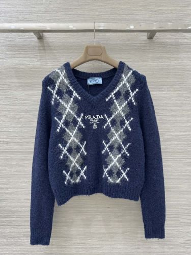 ウール＆カシミヤ アーガイル Vネック ニット プラダ セーター 偽物 ネイビー