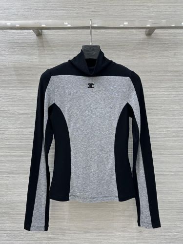 ハイネック バイカラー 切り替えトップス シャネル Tシャツ 偽物 グレー