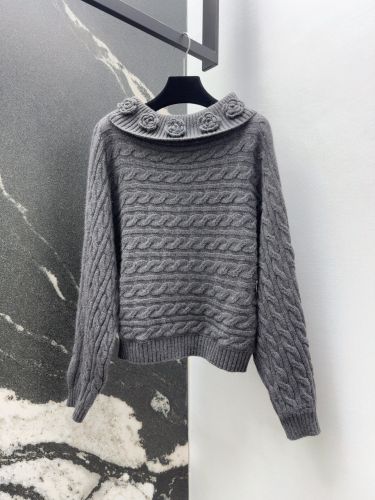 カメリア ケーブル編み オフショルダーニット シャネル セーター 偽物 グレー