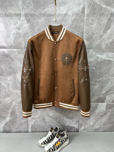 ストリート レザー切り替え スタジャン クロムハーツ ジャケット 偽物 ブラウン