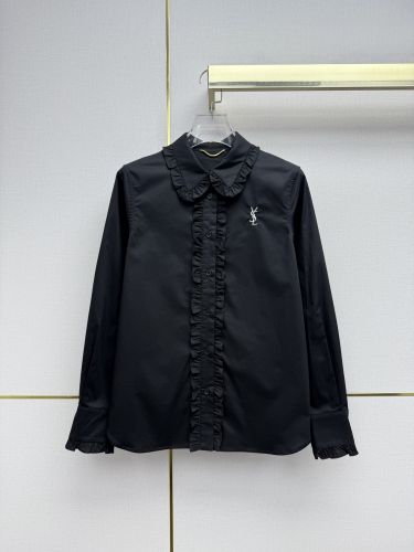 YSL ロゴ刺繍 フリル付き 長袖シャツ イヴ・サンローラン シャツ 偽物 ブラック