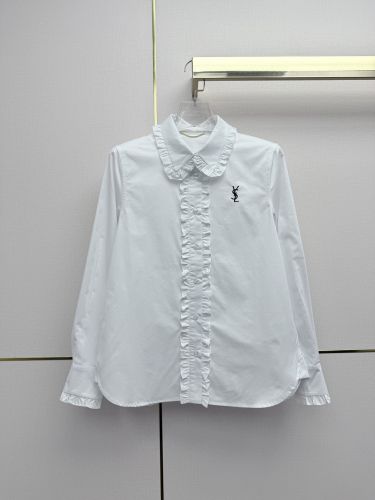 YSL ロゴ刺繍 フリル付き 長袖シャツ イヴ・サンローラン シャツ 偽物 ホワイト