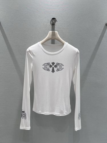 シンプル スタイリッシュ クルーネック 長袖Tシャツ クロムハーツ Tシャツ 偽物 ホワイト