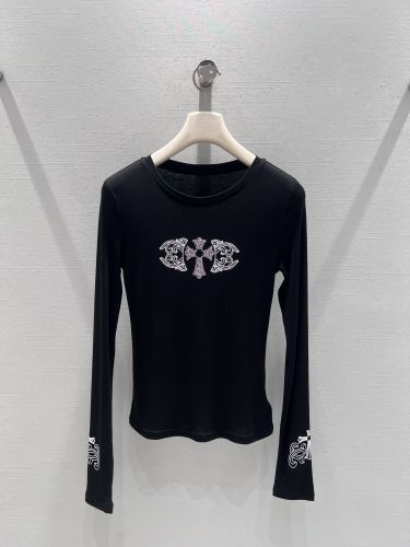シンプル スタイリッシュ クルーネック 長袖Tシャツ クロムハーツ Tシャツ 偽物 ブラック