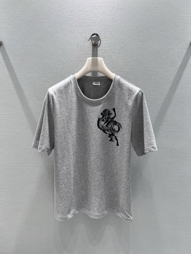 コットン プリント 半袖Tシャツ エルメス Tシャツ コピー クルーネック グレー