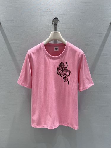 コットン プリント 半袖Tシャツ エルメス Tシャツ コピー クルーネック ピンク