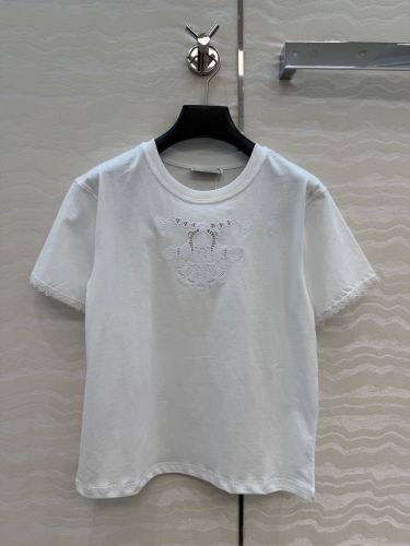 刺繍入り コットン 半袖Tシャツ エルメス Tシャツ コピー クルーネック ホワイト