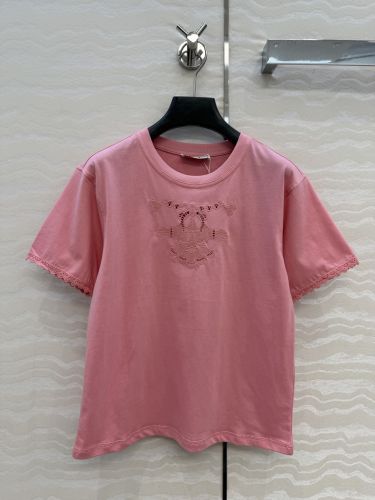 刺繍入り コットン 半袖Tシャツ エルメス Tシャツ コピー クルーネック ピンク