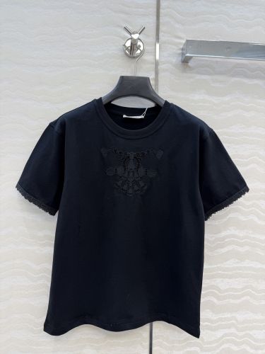 刺繍入り コットン 半袖Tシャツ エルメス Tシャツ コピー クルーネック ブラック