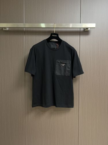 カジュアル 上品 プラダ Tシャツ 偽物 異素材ディテール 半袖Tシャツ ブラック