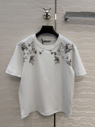 フラワービジュー刺繍 クルーネック 半袖Tシャツ プラダ Tシャツ 偽物 ホワイト