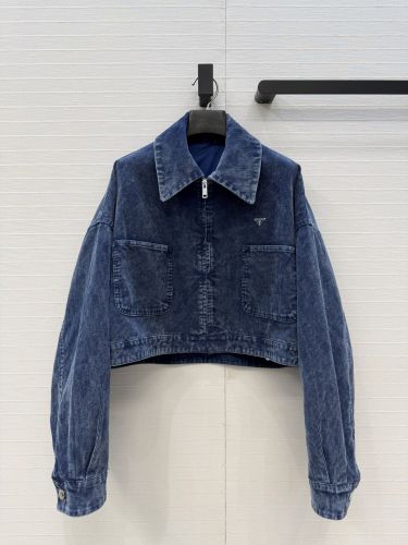 コーデュロイ クロップド ジップジャケット プラダ ジャケット 偽物 ブルー
