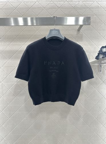 シンプル 上品 ロゴ刺繍 ウール 半袖ニット プラダ セーター 偽物 ブラック