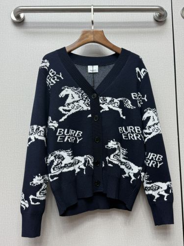 ホース＆ロゴ ウール Vネックカーディガン バーバリー ニット 偽物 ブラック