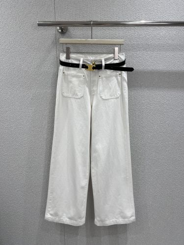 トリオンフベルト付き ワイドデニムパンツ セリーヌ ジーンズ 偽物 ホワイト
