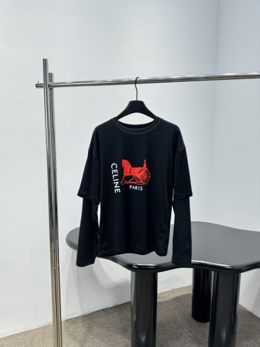 ロゴプリント フェイクレイヤード 長袖Tシャツ セリーヌ Tシャツ 偽物 ブラック