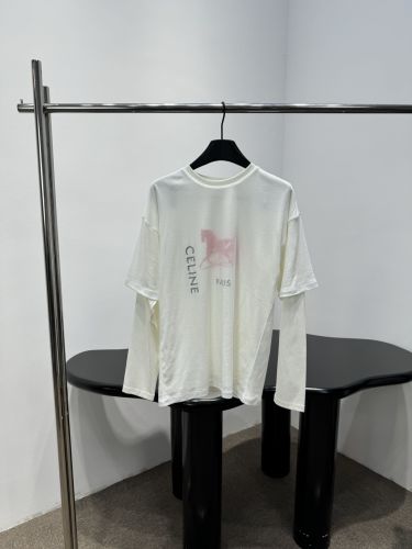 ロゴプリント フェイクレイヤード 長袖Tシャツ セリーヌ Tシャツ 偽物 ホワイト