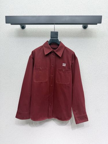 エレガント コットン ロゴ刺繍 長袖シャツ ミュウミュウ シャツ コピー ボルドー