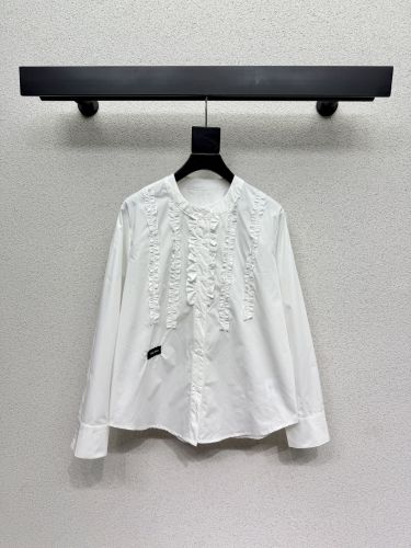 フリル付き バンドカラー 長袖シャツ ミュウミュウ シャツ コピー ホワイト
