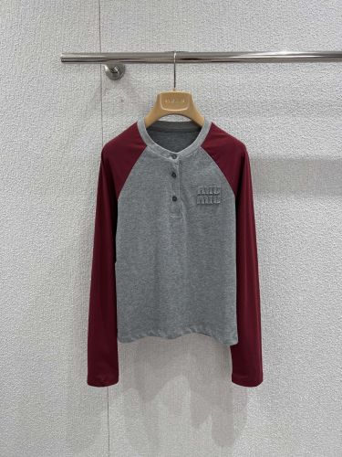 バイカラー ラグラン ヘンリーネックトップス ミュウミュウ Tシャツ コピー