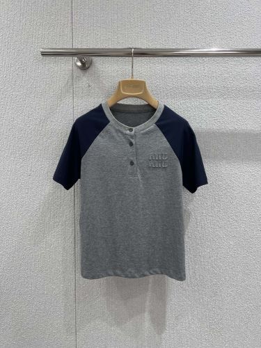 ミュウミュウ Tシャツ コピー バイカラー ラグラン ヘンリーネックトップス 