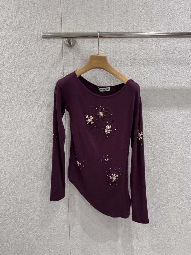 ビジュー装飾 アシンメトリー 長袖カットソー ミュウミュウ Tシャツ コピー パープル