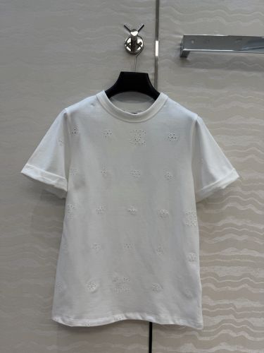 シンプル アイレット刺繍 コットンTシャツ シャネル Tシャツ コピー ホワイト