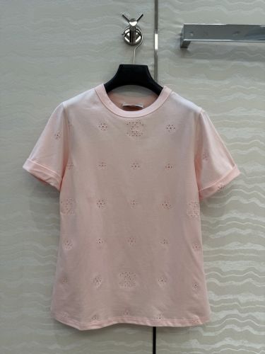シンプル アイレット刺繍 コットンTシャツ シャネル Tシャツ コピー ピンク