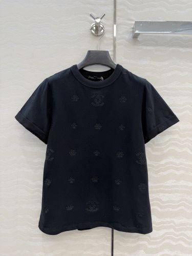 シンプル アイレット刺繍 コットンTシャツ シャネル Tシャツ コピー ブラック