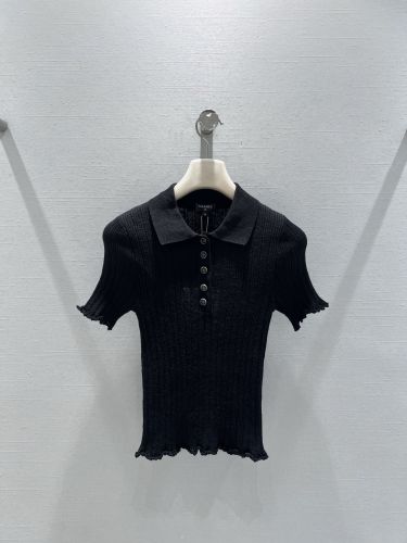シンプル 上品 リブ編み 半袖ポロニット シャネル セーター コピー ブラック
