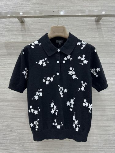 ココマーク フローラル総柄 ポロニット 半袖 シャネル セーター コピー ブラック