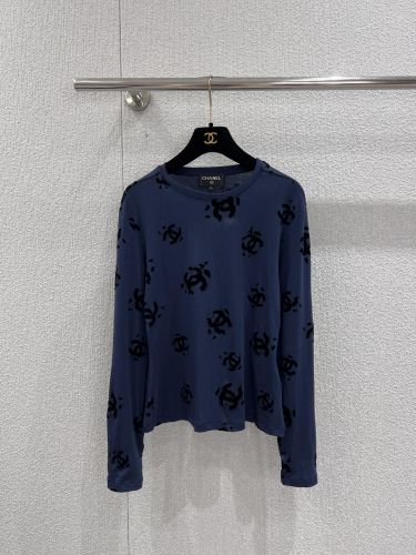 シンプル CCロゴ 長袖Tシャツ シャネル Tシャツ コピー クルーネック ネイビー