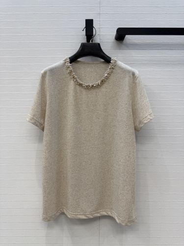 ビジューネック コットンリネン 半袖Tシャツ シャネル Tシャツ コピー
