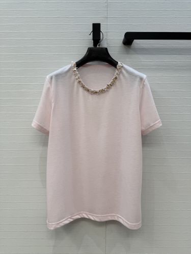 シャネル Tシャツ コピー ビジューネック コットンリネン 半袖Tシャツ ピンク