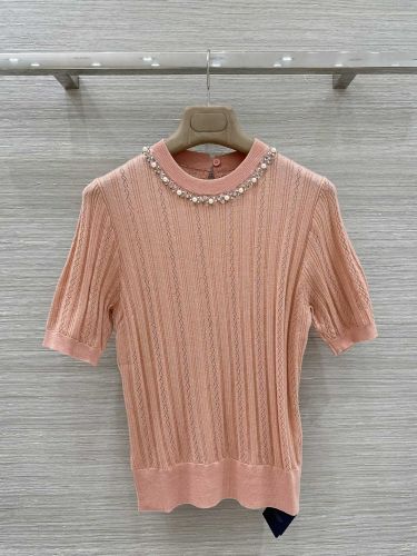 ビジューネック メリノウール 半袖ニット ヴァレンティノ セーター 偽物 ピンク