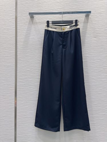セリーヌ パンツ 偽物 おしゃれ ロゴウエスト ワイドパンツ ネイビー