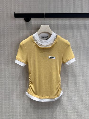 ビジューネック レイヤード風 半袖Tシャツ ミュウミュウ Tシャツ 偽物 イエロー