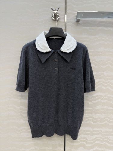 刺繍入り ポプリンカラー 半袖ニットポロ ミュウミュウ セーター コピー グレー