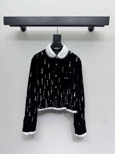 ビジュー＆スパンコール クロップドジャケット ミュウミュウ ジャケット コピー ブラック