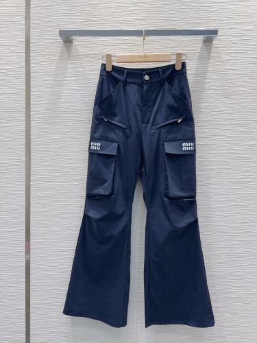 ミュウミュウ パンツ コピー ロゴ入り カーゴ フレアパンツ ネイビー